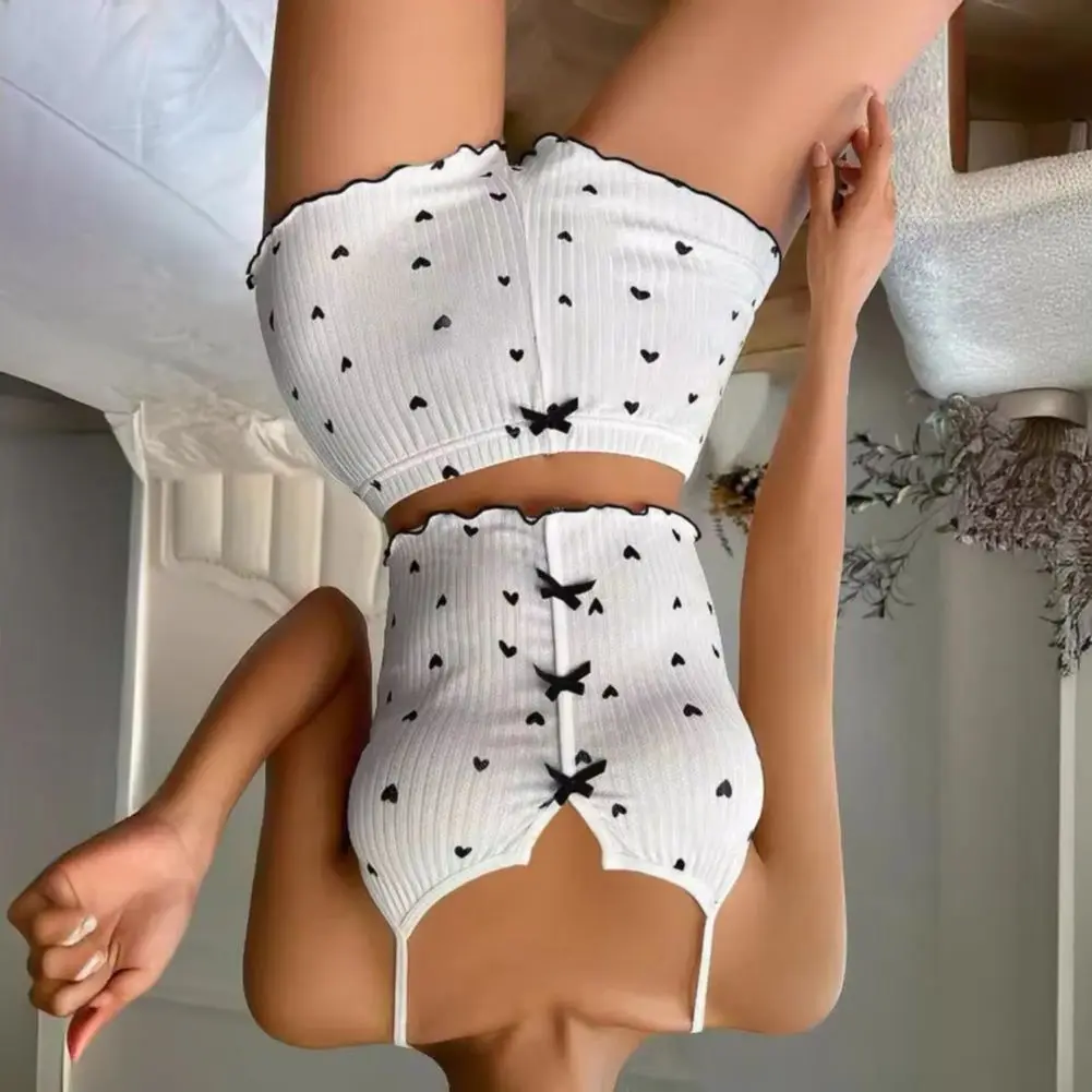 

Summer Sleep Set Women Vest Shorts Suit Bow Heart Print Shirring Top High Waist Short Trousers Homewear Loungewear Sleepwear