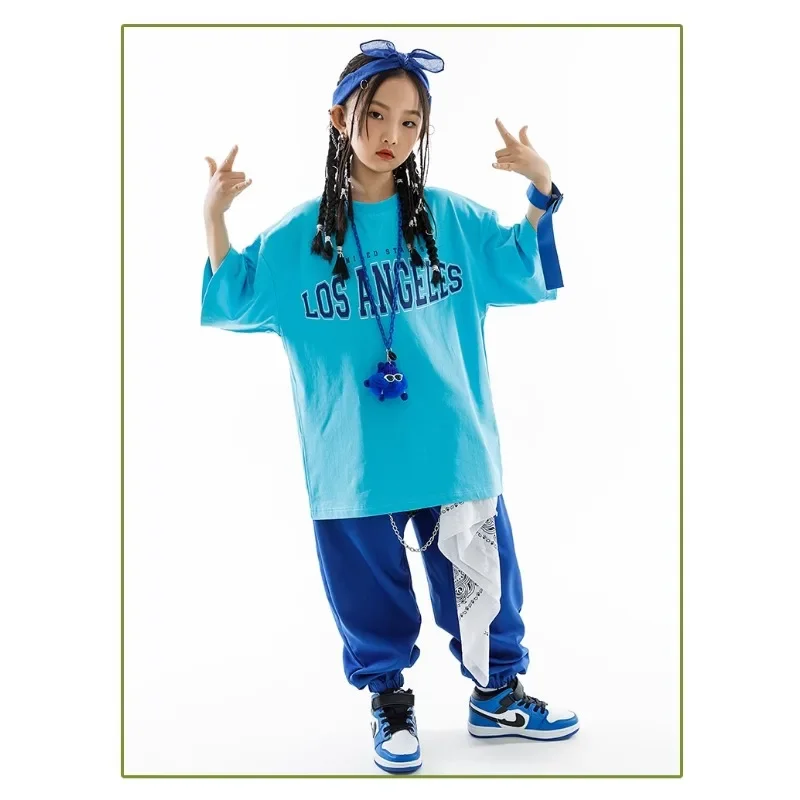 Kinder Street Dance Kinder Hip Hop Kleidung Mädchen Jungen Blau Kurzen Ärmeln T-shirt Hosen Casual Rave Kleidung Lose Praxis Tragen