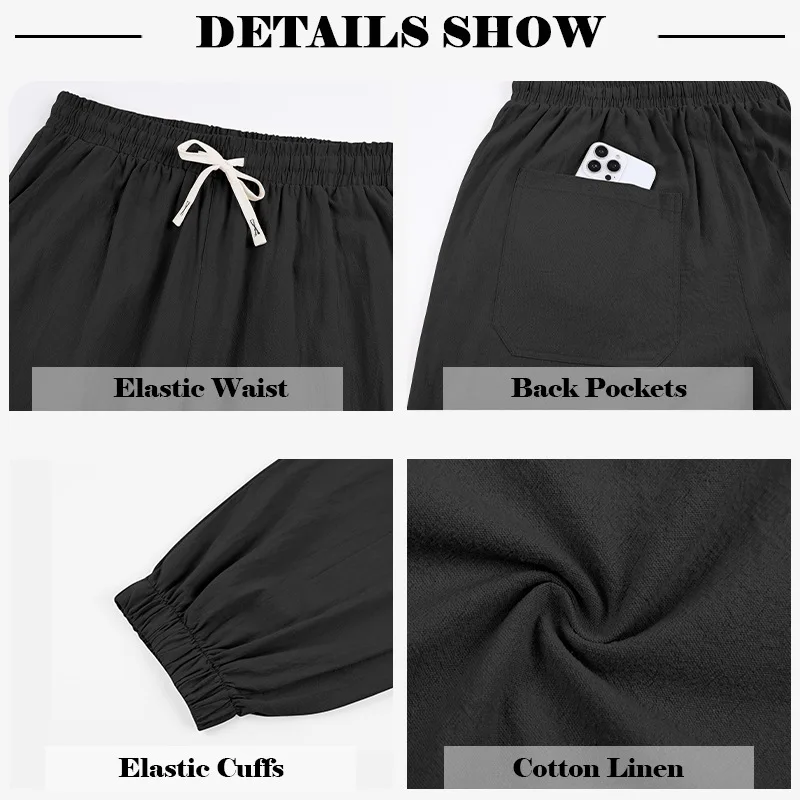 Europäische und amerikanische Freizeithose für Herren: Sommerliche Strand-Leinenhose in Übergröße mit Bündchen am Knöchel – Detail 28