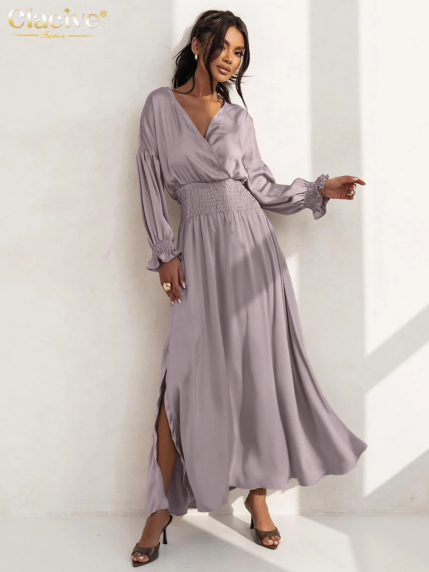 

Clacive Fashion Loose Purple Satin Women's Dress Sexy V-Neck Long Sleeve Ankle Length Dresses Elegant Classic Slit Female Dress