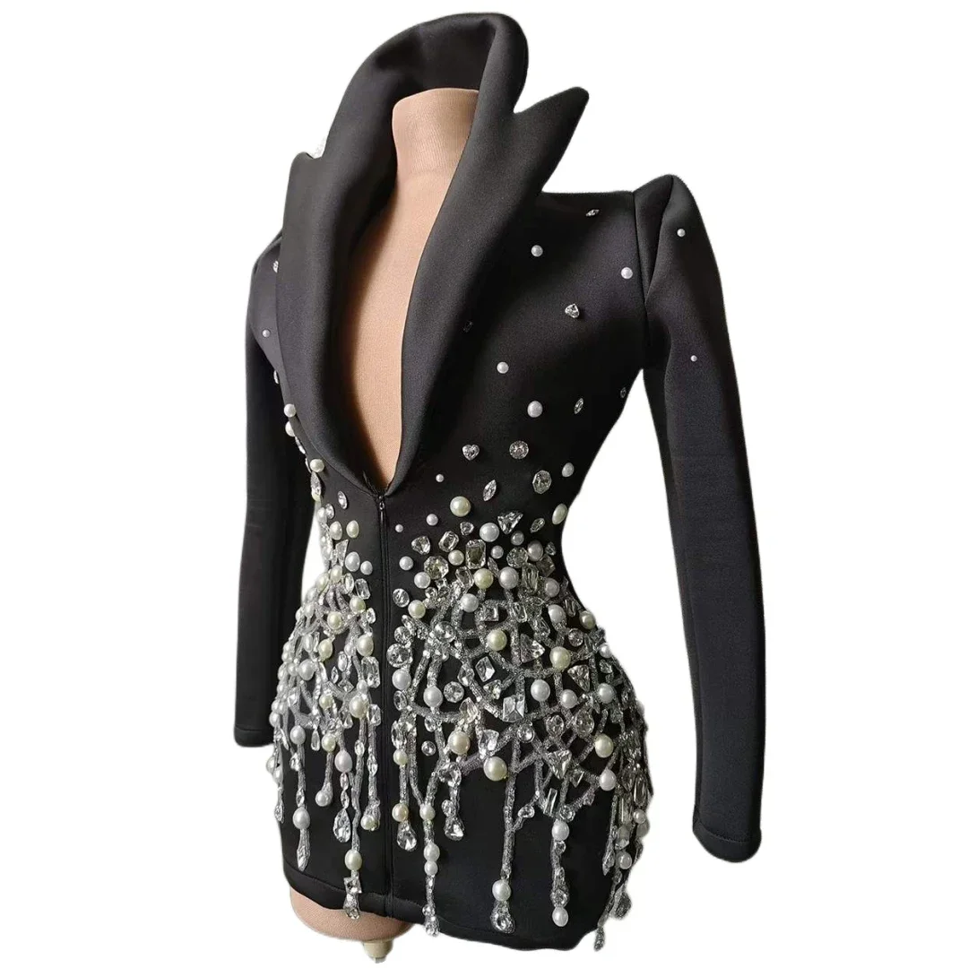 Black Women Pearl Shinning Blazer Style Rhinestone Birthday Drag Queen Outfit Stage Performance Costume Celebrate Dress Show