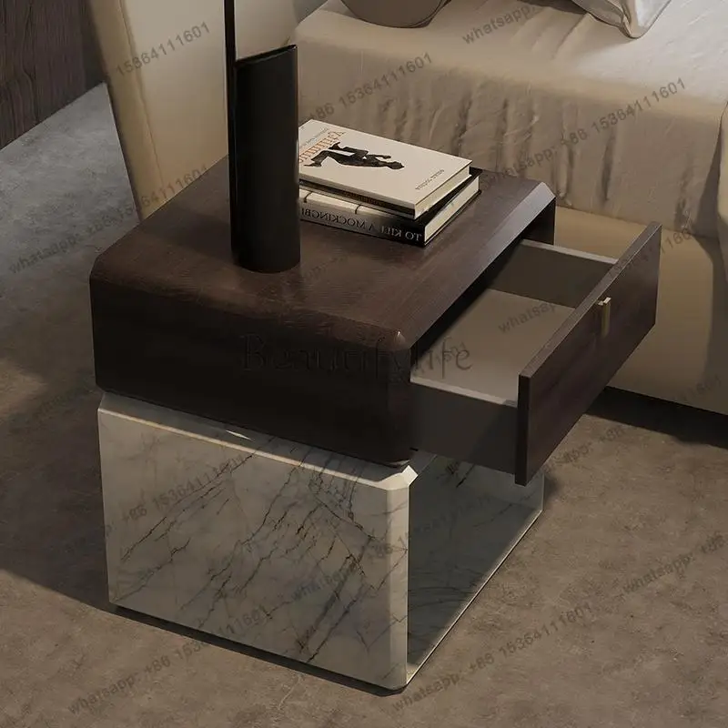 Italian Minimalist Marble Nightstand, Luxury Bedside Table for Small Space, Eco-Friendly & Easy Clean