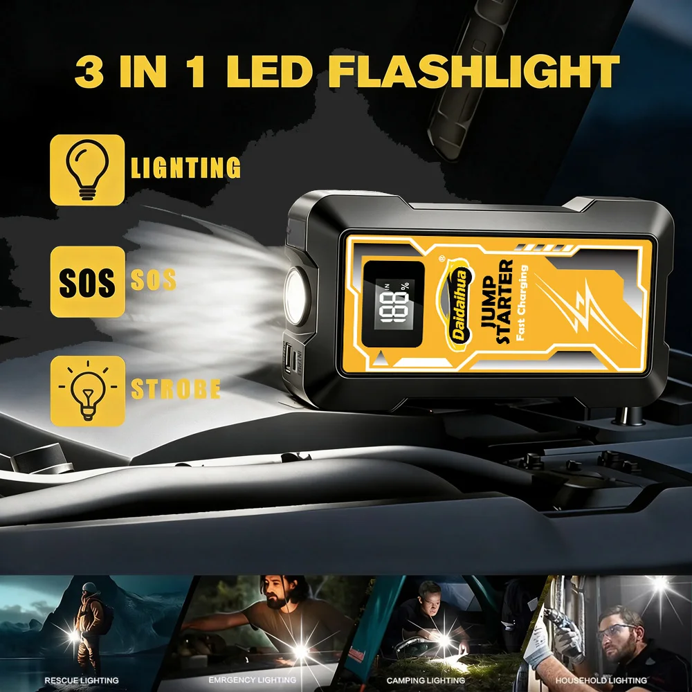 Portable Car Jump Starter 12V Battery Booster Pack Up to 6.0L Gas Diesel Power Bank LED Flashlight for Cold Weather Emergency