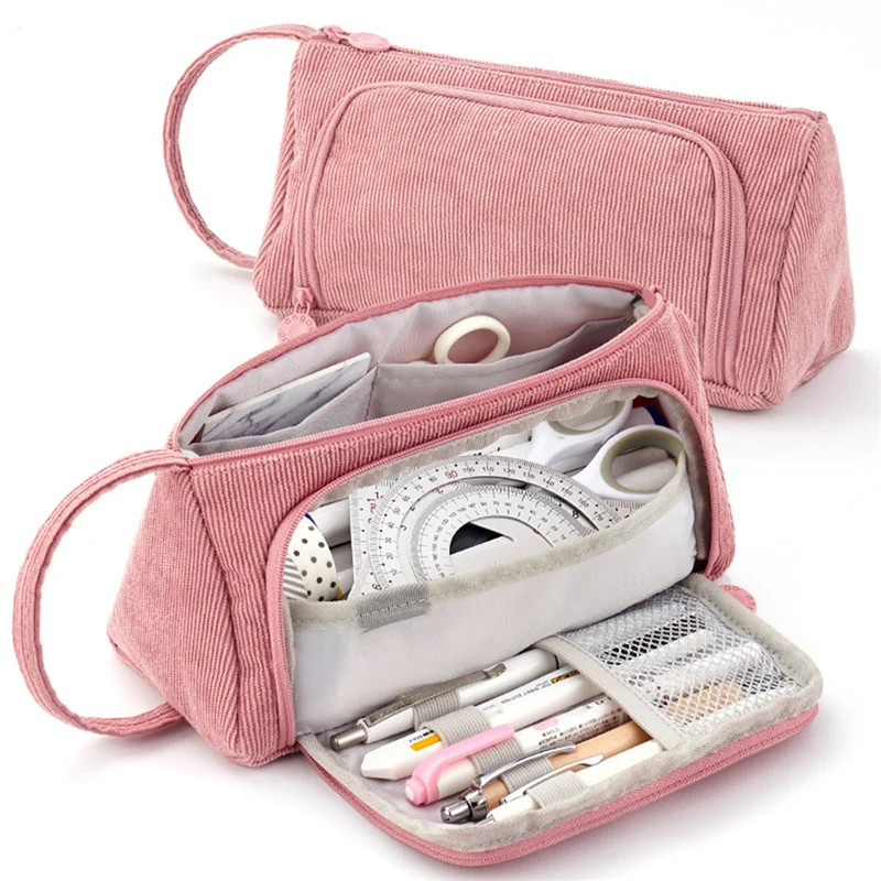 Estuche de lápices portátil de pana, bolsa de papelería multifuncional, Color sólido, lindo estuche de lápices para estudiantes, bolso de mano para niñas, azul