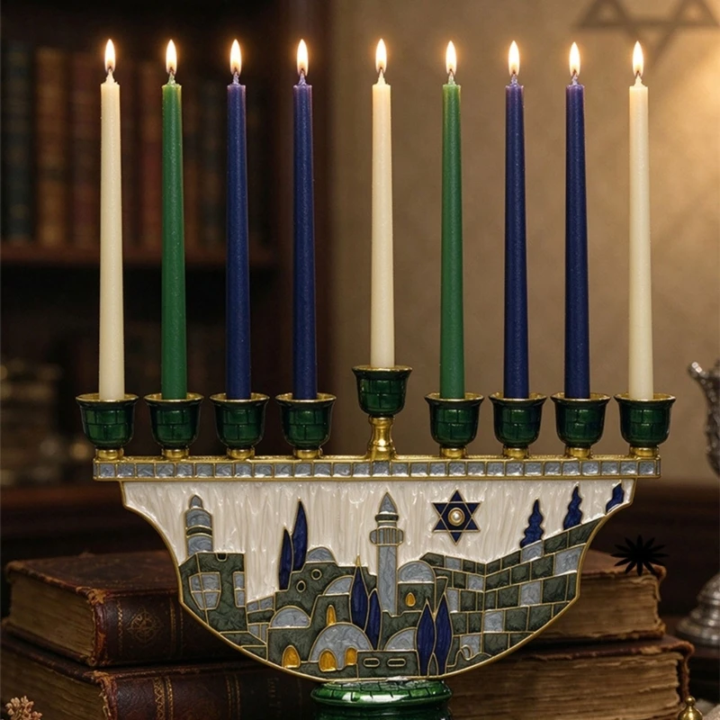 Jerusalem Holders Decorative Judaica 9 Branch Menorah with Freestanding Round Base, Jerusalem-Themed Metal Menorah Y5GB