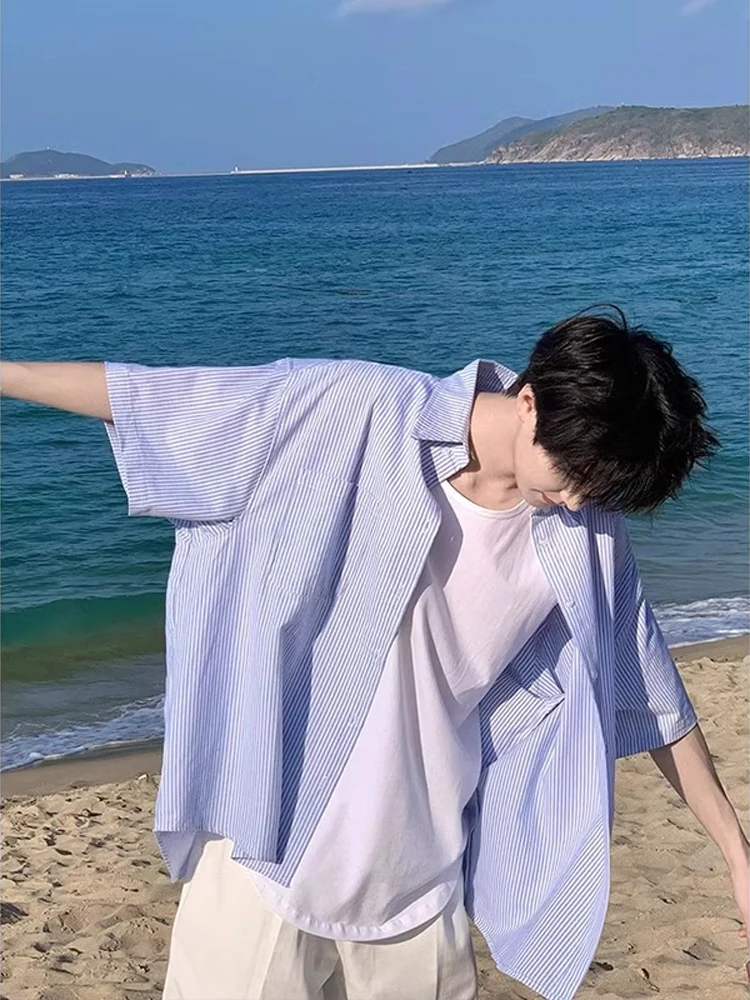 

Japanese Sle Blue White Stripes ort Sve irt Men Summer Casual Cleanlin Stripe Pattern Breathable Thin Outerwear