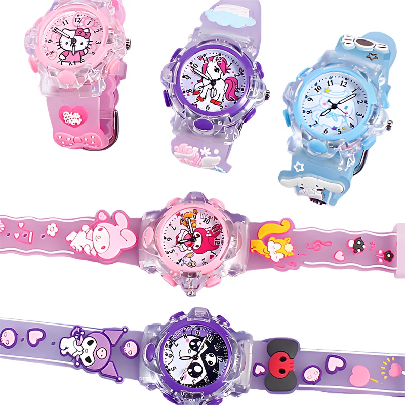 Miniso Anime Cartoon Sanrio Hello Kitty Melody Kuromi Siliconen Rond Quartz Meisjes Jongens Student Kleurrijk Gloeiend Sporthorloge Cadeau