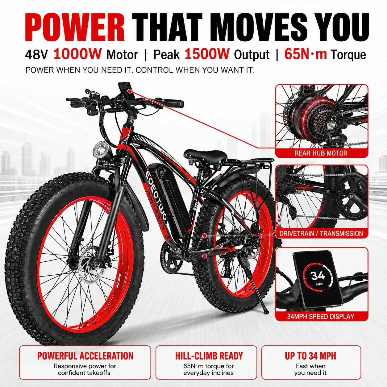 Electric Bike for Adults Teens, 1500W Motor, 34 Mph & 60 Miles, 26