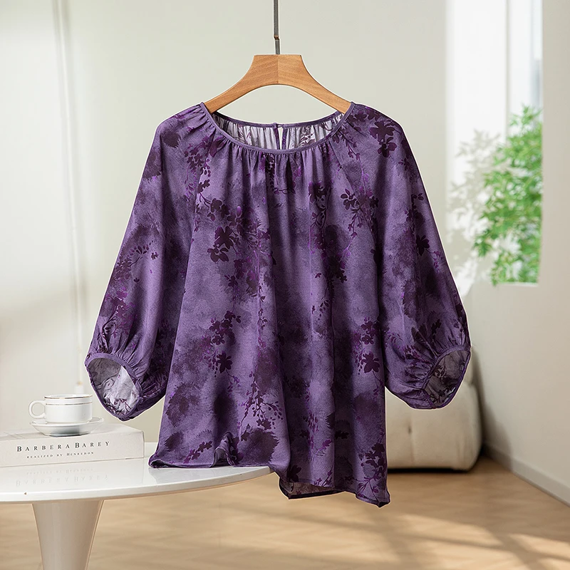 

100% Mulberry Silk Crepe Silk Women Blouse Loose Type Purple Floral Printed Round Neck 3/4 Lartern Sleeve Top Shirt QQ029