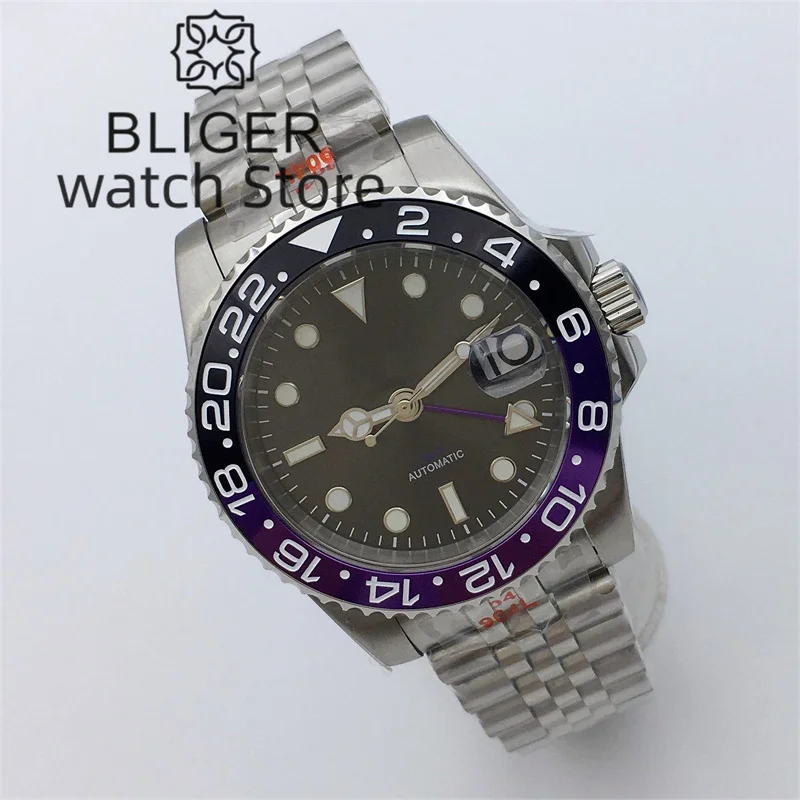 BLIGER 40mm NH34 GMT Watch For Men Mechanical Wristwatch Gray Dial Purple GMT Hand Sapphire Glass 904L Bracelet Reloj Hombre