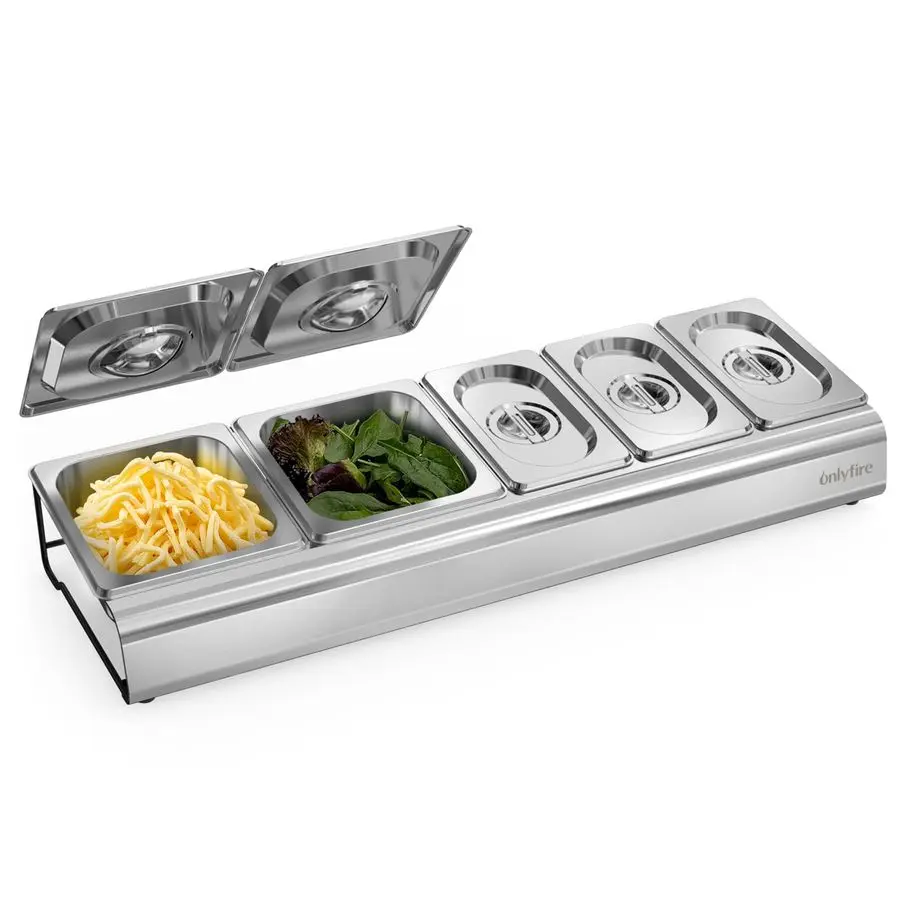 

Pizza Topping Station, Stainless Steel Condiment Seasoning Containers with Lid and 5 Compartment Trays for Prepping Ingredients