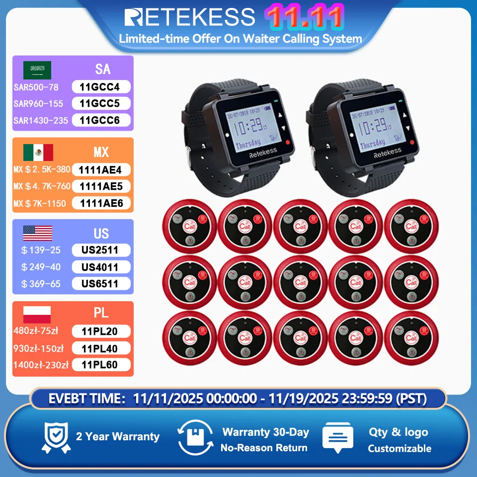 Retekess narguilé sem fio garçom sistema de chamada restaurante pager t128 relógio receptor t117 botão chamada atendimento ao cliente para café