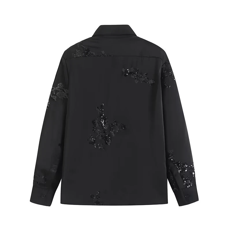 KEYANKETIAN 2025 Spring New Women's Sequined Decoration Shirt Leisure style Single Breasted Long Sleeve Black Satin Blouses Top