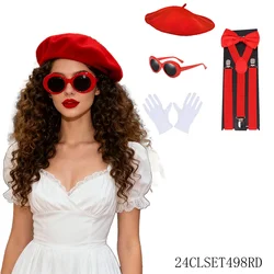 PESENAR French Mime Artist Costume Set Black Beret Red Scarf Back Suspenders