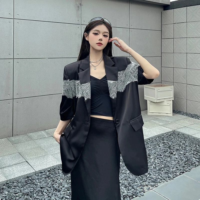 

Women's Blazer Fashion Design Lace Patchwork Acetate Fabric Satin Suit Top Summer Thin Style Short Sleeved Suit Jacket Female