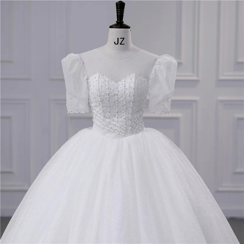 Süße Puff ärmel Brautkleider Luxus Perlen Perlen Vestido de Noiva glänzende Voile Ballkleid Prinzessin anpassen Robe de Mariee