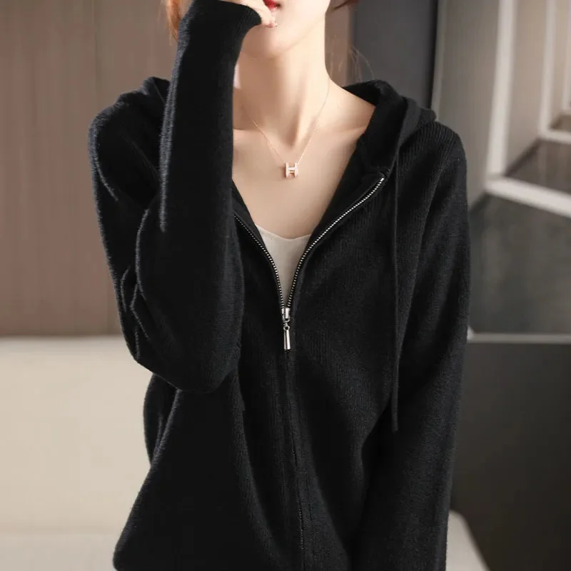 

Autumn Winter Ladies Hooded Sweater 2025 Women Leisure Fashion Solid Color Cardigan Knitting Korean Femme Double Zipper Knitted