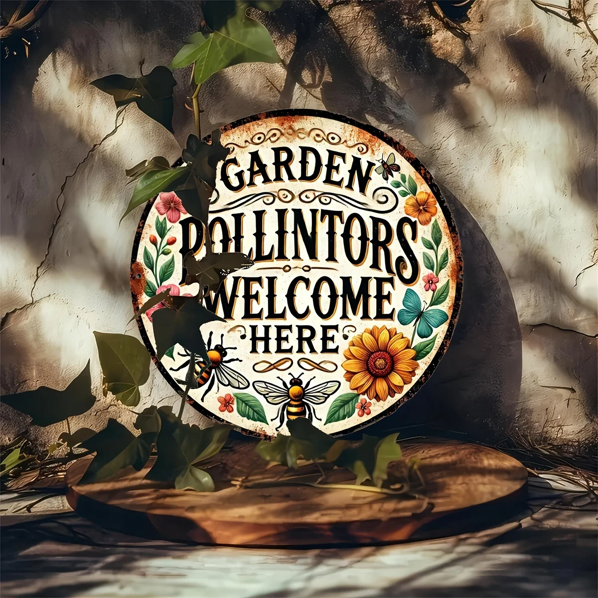 Retro Sign to Greet Garden Pollinators - 8X8 Inches | Ideal for Home, Garden, Café, Bar, And Garage Decoration | Distinctive Gif