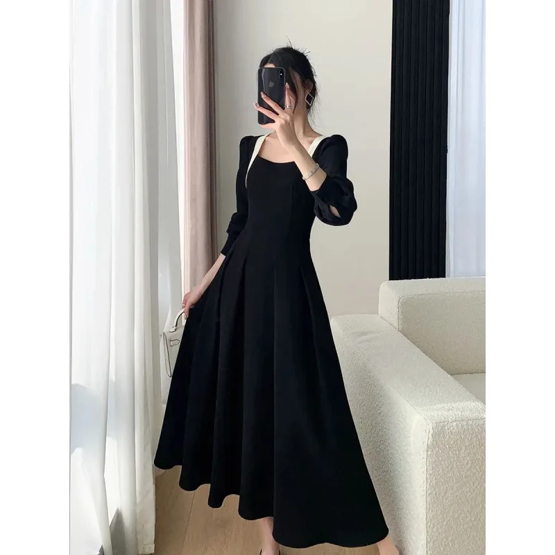 

Black Dress Women's Autumn Clothing French Style Long Sleeve Square Collar