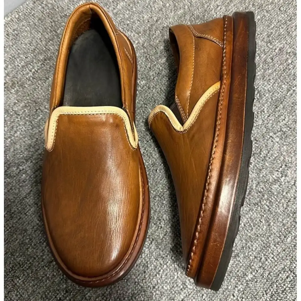 Caramel Brown Burnished Leather Slip-On Loafers, with contrasting trim and thick sole