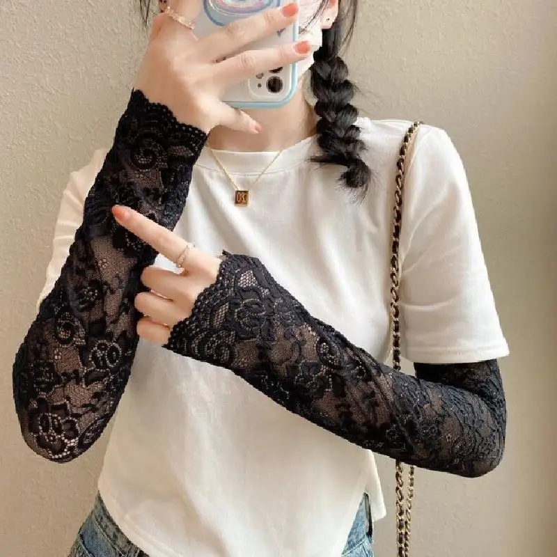 1Pair Women Summer Ice Silk Lace Arm Sleeve Elastic Sleeve Driving Gloves Black White Long Fingerless Mittens Sunscreen Gloves