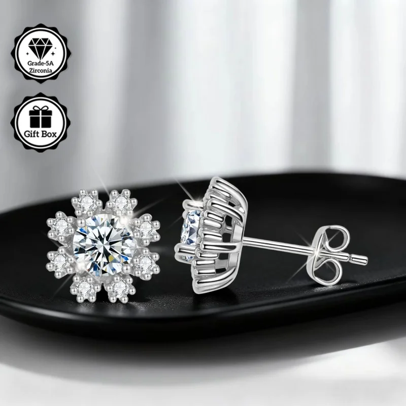 LAMVOICE Schmuck für Damen/Ohrstecker mit 1 Karat Zirkonia, hypoallergene Ohrringe, Weihnachtsgeschenk, Schneeflocken-Ohrstecker