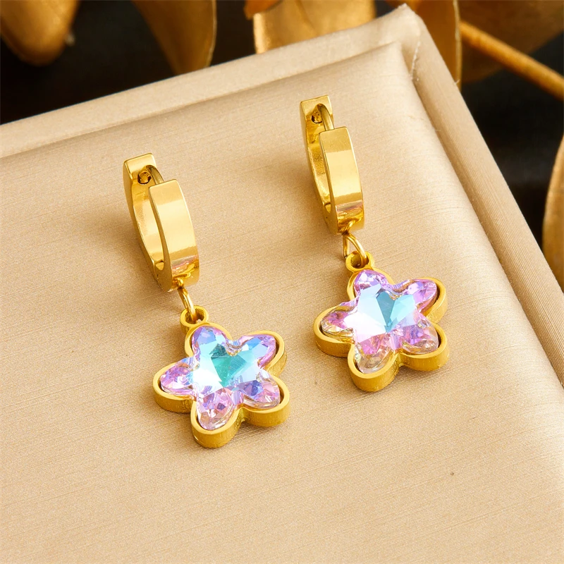 LAMENGLY 316L Stainless Steel Colored Gradient Rhinestone Flower Pendant Necklace Earrings Women Trendy Girls Jewelry Set Gifts