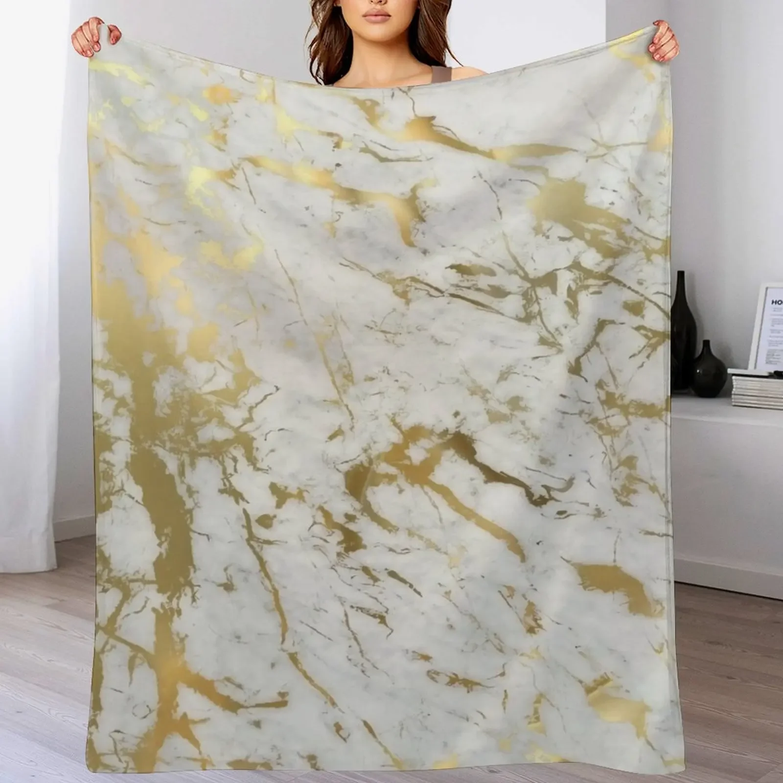 Gold marble on white (original height quality print) Throw Blanket Lightweight Warm Blanket for Indoor Outdoor Use