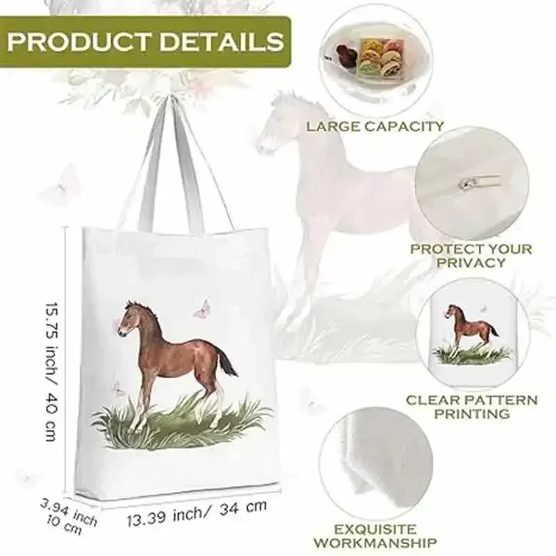 BBA054 Reusable Horse Lover Gift for Girl Women Travel Funny Shopping, White