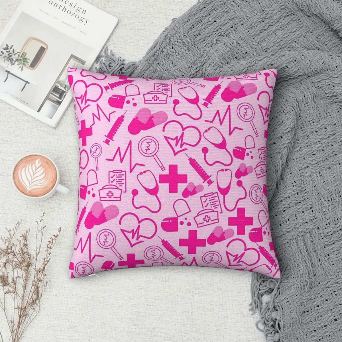Pink Nurse Syringe Medical Heart Stripe Printed Square Pillowcase Pillow Cover Cushion Zip Comfort Throw Pillow for Home Car