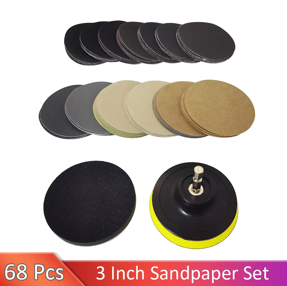 

68 Pcs 3 Inch 75mm Grit 80-10000 Waterproof Sandpaper Sanding Disc Hook and Loop For Polishing Wood Metal Working