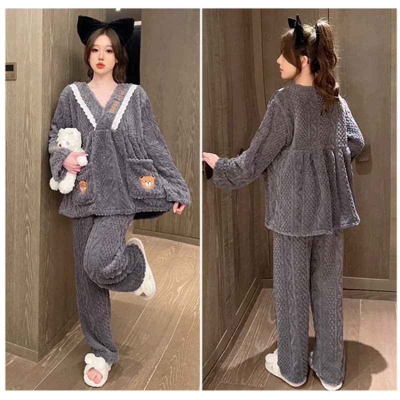 5XL Plus Size Winter Coral Velvet Pajamas Set Women Korean Sweet Lady Flannel Home Clothes Sleepwear Two-piece Set Loungewear