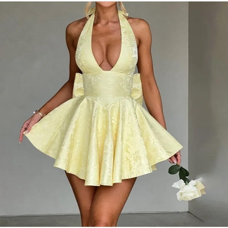 

2026 New Celebrity Temperament Sexy Slim Jacquard Neck Bow Dress Women