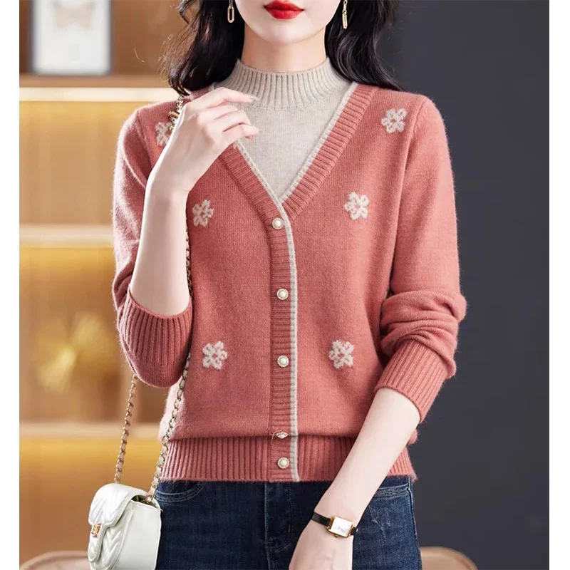 Pullover rajut wanita, Sweater wol rajutan setengah kerah tinggi tebal musim gugur musim dingin, Busana longgar Jacquard, pakaian rajut lembut elegan