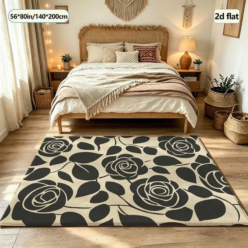 Minimalist Black Rose Silhouette Pattern Carpet Floor Home Living Room Bedroom Decorative Floor Carpet