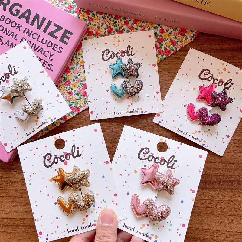 Glitter Alligator Clips for Girls Two Tone Star Heart Mini Small Snaps Non Slip 2 Pcs