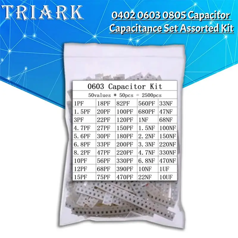 

2500 шт., 50 значений 0402 0603 0805, комплект конденсаторов SMD 1PF ~ 10UF 3PF 10PF 22PF 100PF 1NF 10NF 100NF 470NF 1UF, набор емкостей