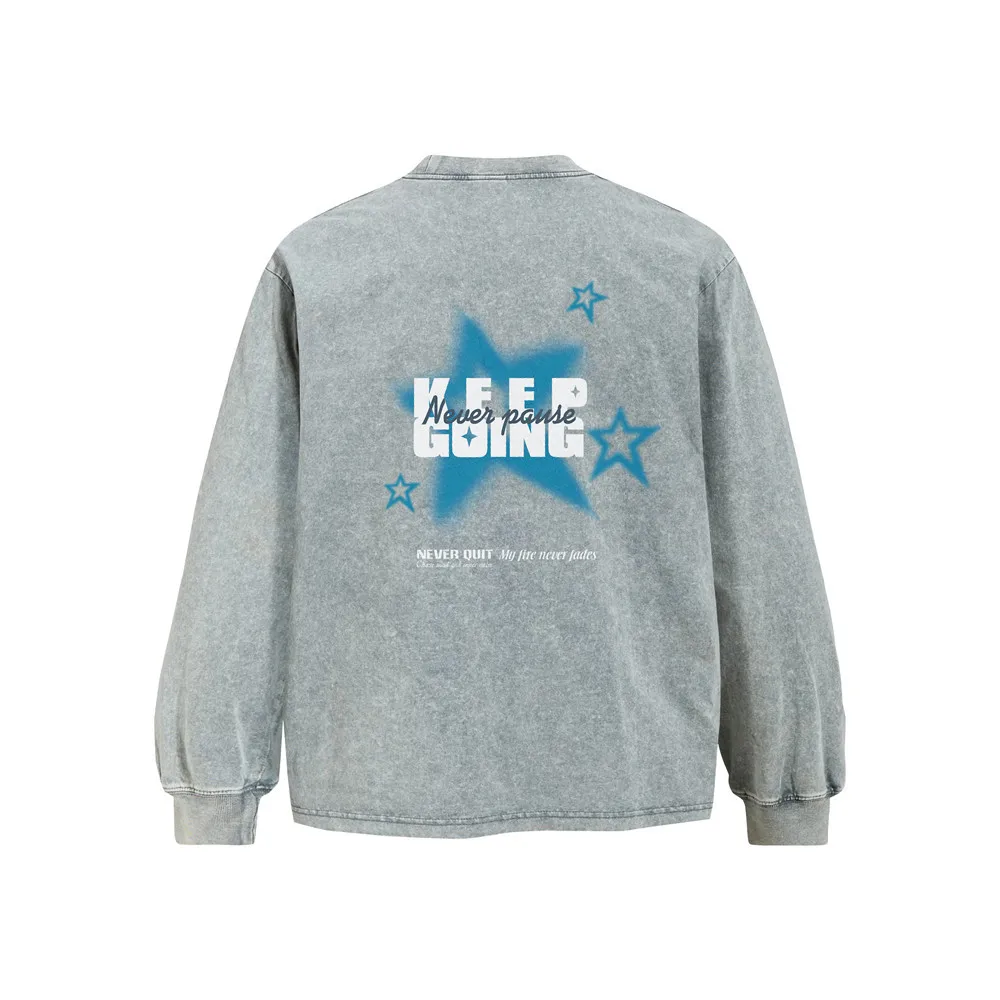 MWJLPWQ Star Print Distressed Long-Sleeve T-Shirt Men's Cotton Round Neck Loose Fit Men's Tide Style Tops Spring Autumn 20623