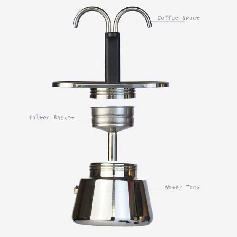 2 Cup 100ML Moka Pot Double Head Stainless Steel Mocha Coffee Pot Italian DIY Conduit Coffee Maker Moka Coffee Maker