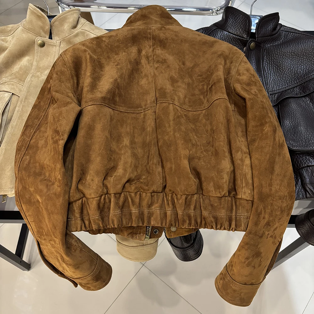 YOLOAgain 2026 Spring Short Suede Bomber Jacket Women Genuine Sheepskin Leather Jacket Ladies