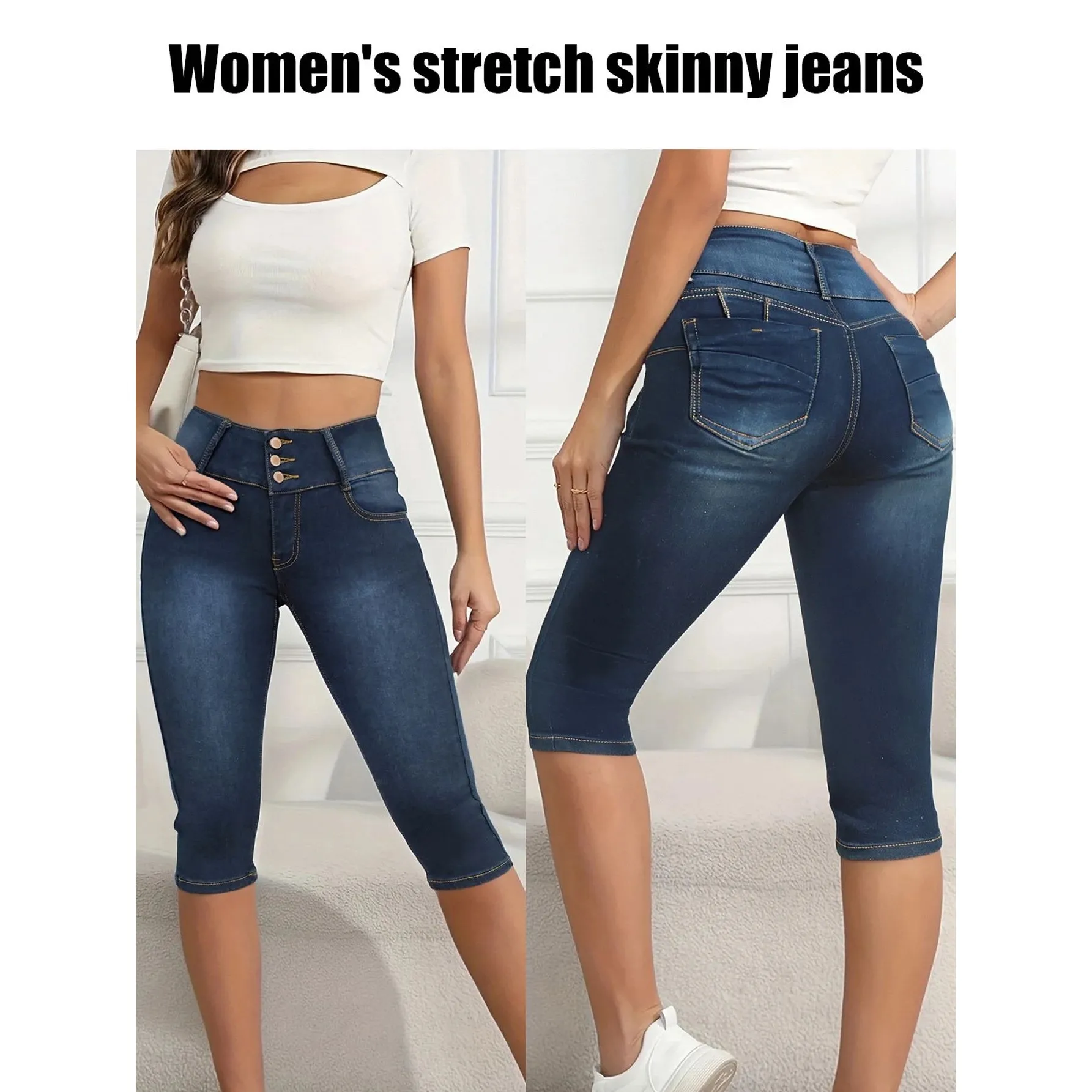 

Женские джинсы-капри с высокой талией из эластичного денима, с тройной застежкой, облегающие брюки, премиум-класс, из ткани PU