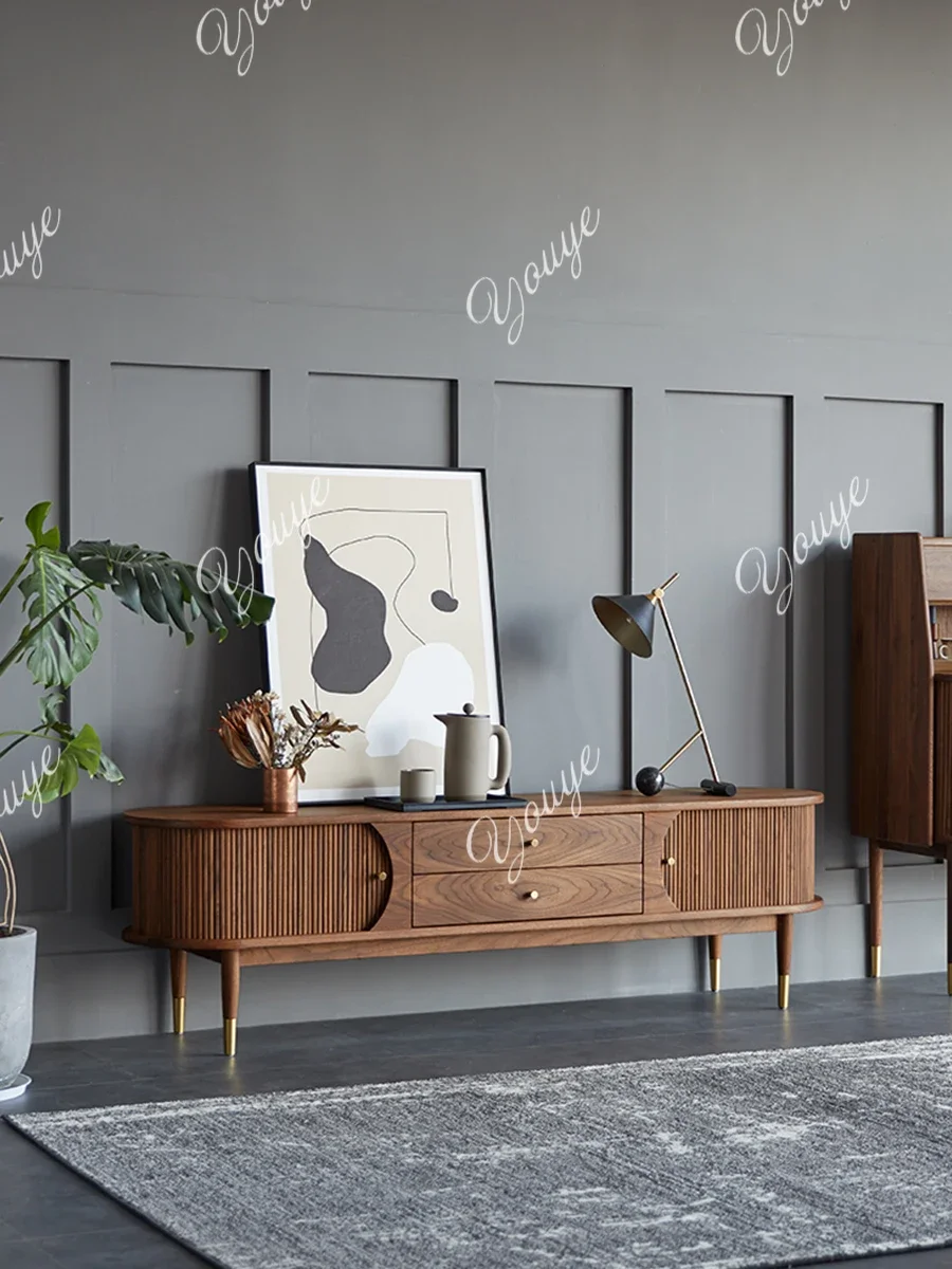 خزانة تلفزيون من الخشب الصلب Y Nordic، لون الجوز الأسود، طراز متوسط وقديم، خزانة تلفزيون بسيطة وحديثة #2