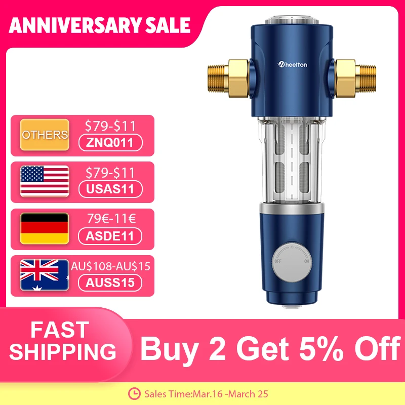 WHEELTON Whole House Water Filter Spin Down Sediment System Pre-Filter Auto-Rotated Flush Double-sided Scraper 1/2