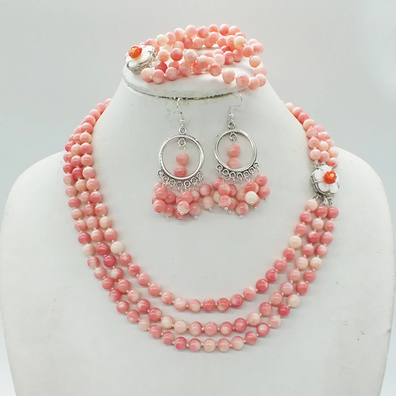 free delivery,! Classic natural pink coral necklace. Bracelet. Stud Earrings, African Bridal Wedding Set