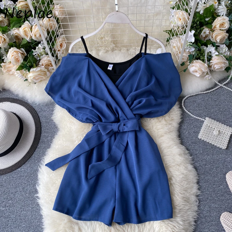 Neploe Off Shoulder Sling Women Playsuits 2024 Summer New Fake Two Piece Sleeveless Rompers High Waist Wide Leg Bodysuit 1F074