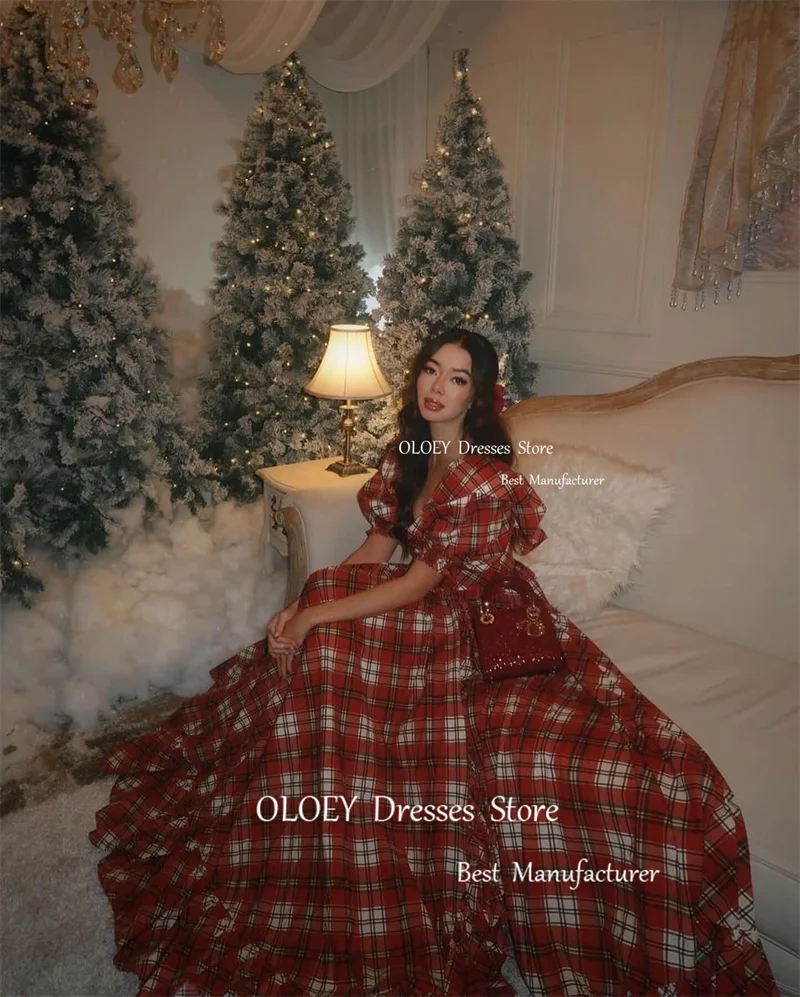 OLOEY Red Lattice A Line Evening Dresses Chrismas Cloth Puff Short Sleeves Sweetheart Long Outfit Formal Party Occasion Dress