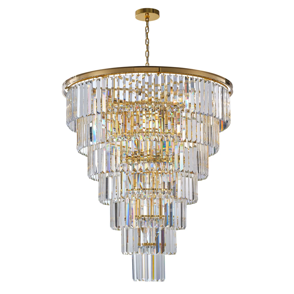 

40-Inch Gold Tiered Crystal Tube Chandelier, 30-Light E12 Pendant with 370 Crystal Rods, Mirror-Polished Metal Frame