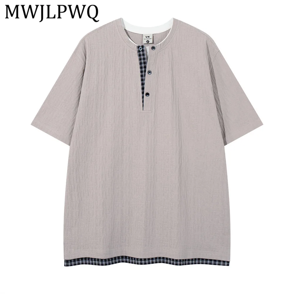 

MWJLPWQ Fake Two-Piece Short-Sleeve T-Shirt Loose Casual Summer Men's Top Trend Plaid Color-Block Half-Button Pullover Tee 14326