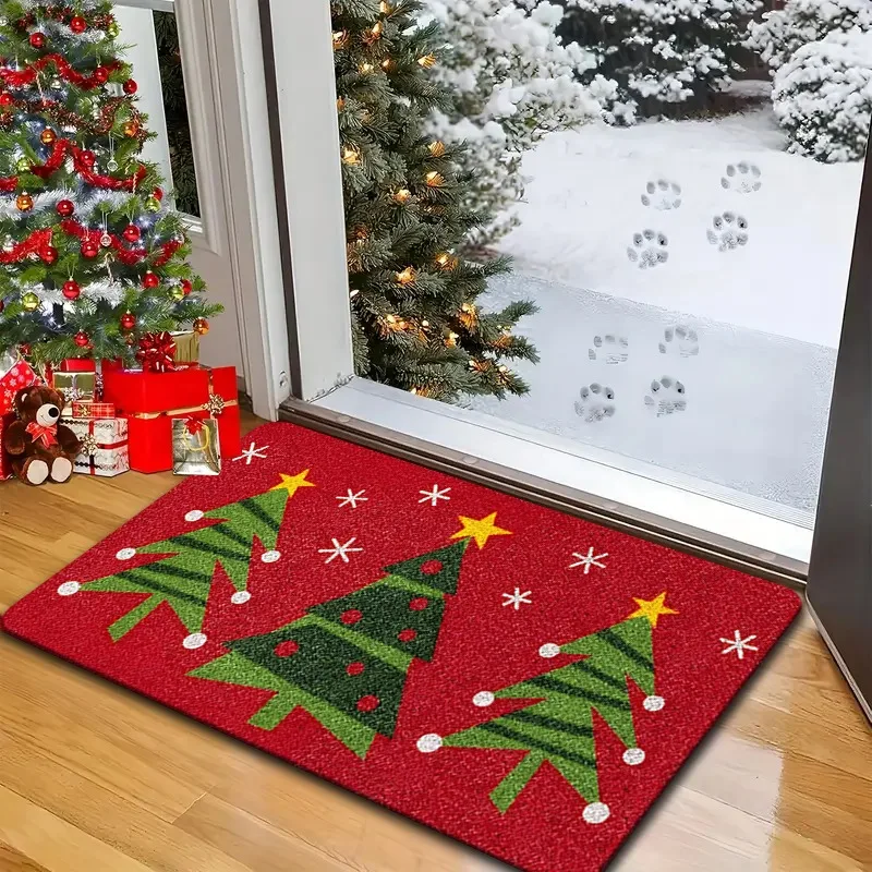 ممسحة عيد الميلاد الاحتفالية بخلفية حمراء وشجرة خضراء، سجادة مستطيلة من البوليستر المتين لديكور المطبخ في غرفة المعيشة #5