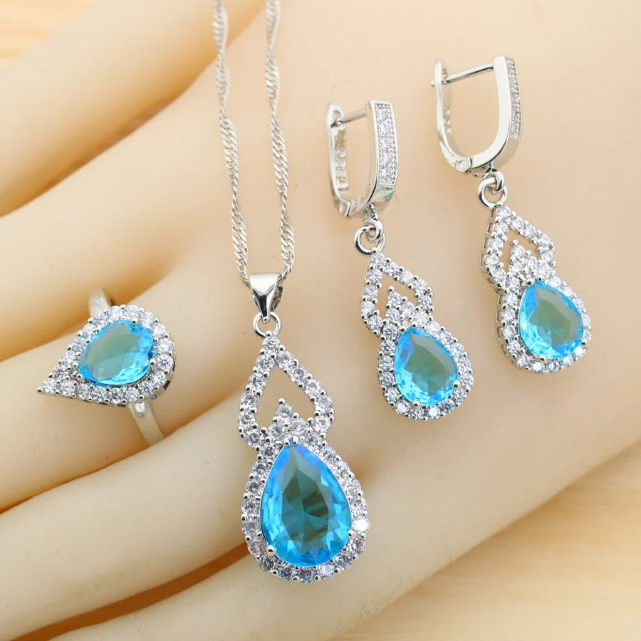 Fashion Sky Blue Water Drop Zirconia 925 Silver Jewelry Sets for Women Earrings Necklace Pendant Ring Bracelet Wedding Gift